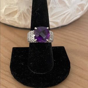 Designer KJC Sterling Silver Amethyst CZ Cushion Cut Over Pave Diamond C…